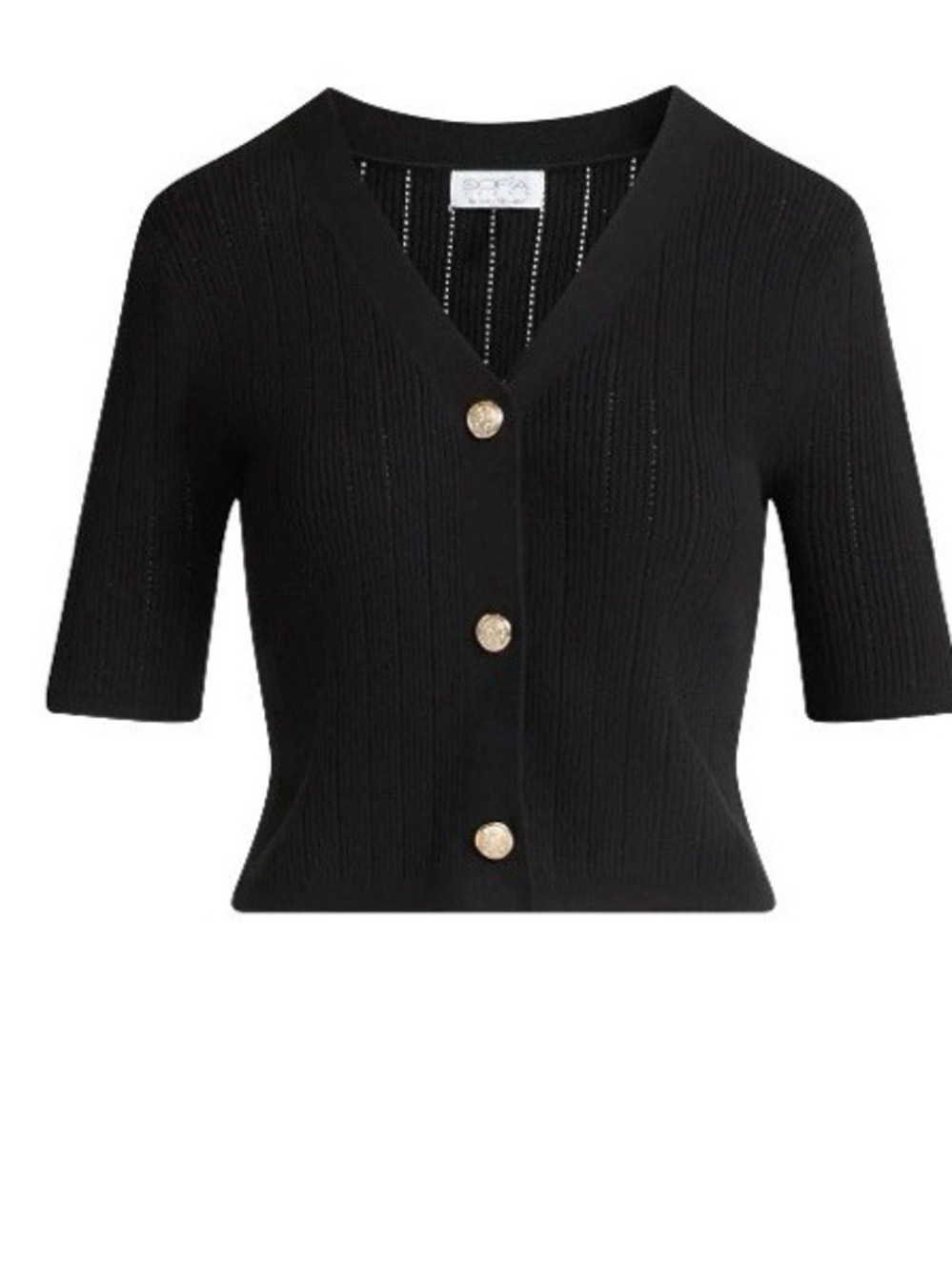 Black Cropped V-Neck Knit Cardigan with Gold Buttons